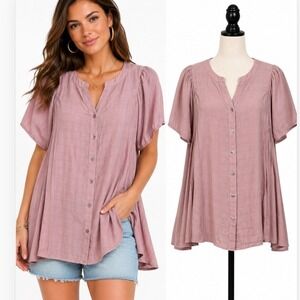 Oddi Button Up Blouse Womens Small Pink Textured Plaid Short Sleeve Babydoll